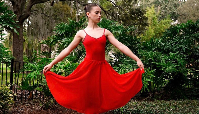 Mikaela in red ballet dress